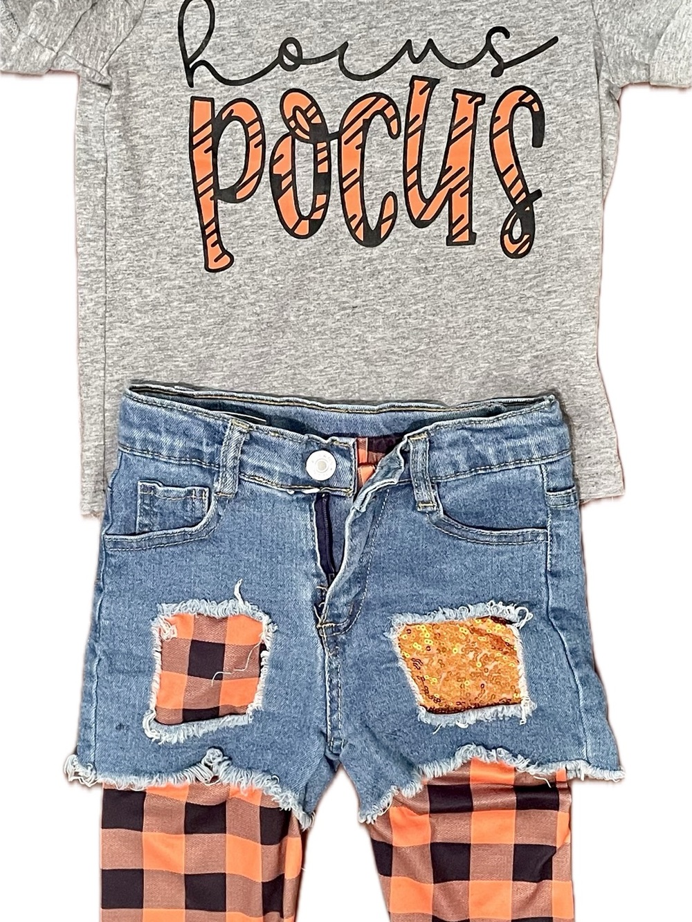Girls' 'Hocus Pocus' Set-Plaid Patchwork & Sequin Detail on Denim w/Leggings